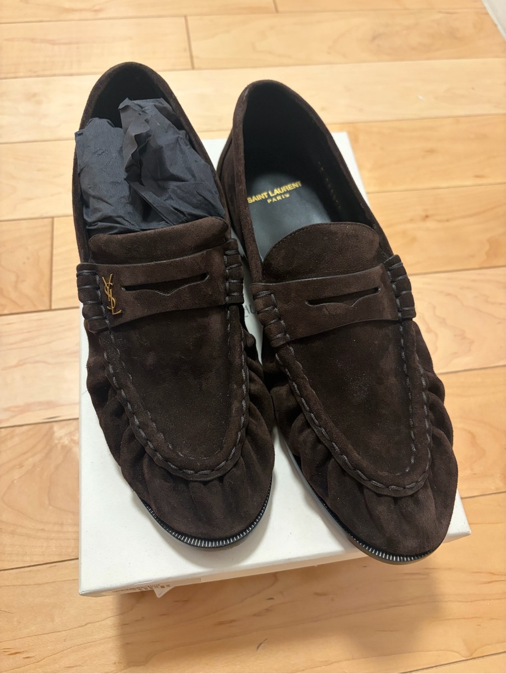Saint Laurent Dark Brown Suede Penny Loafers with YSL Accent